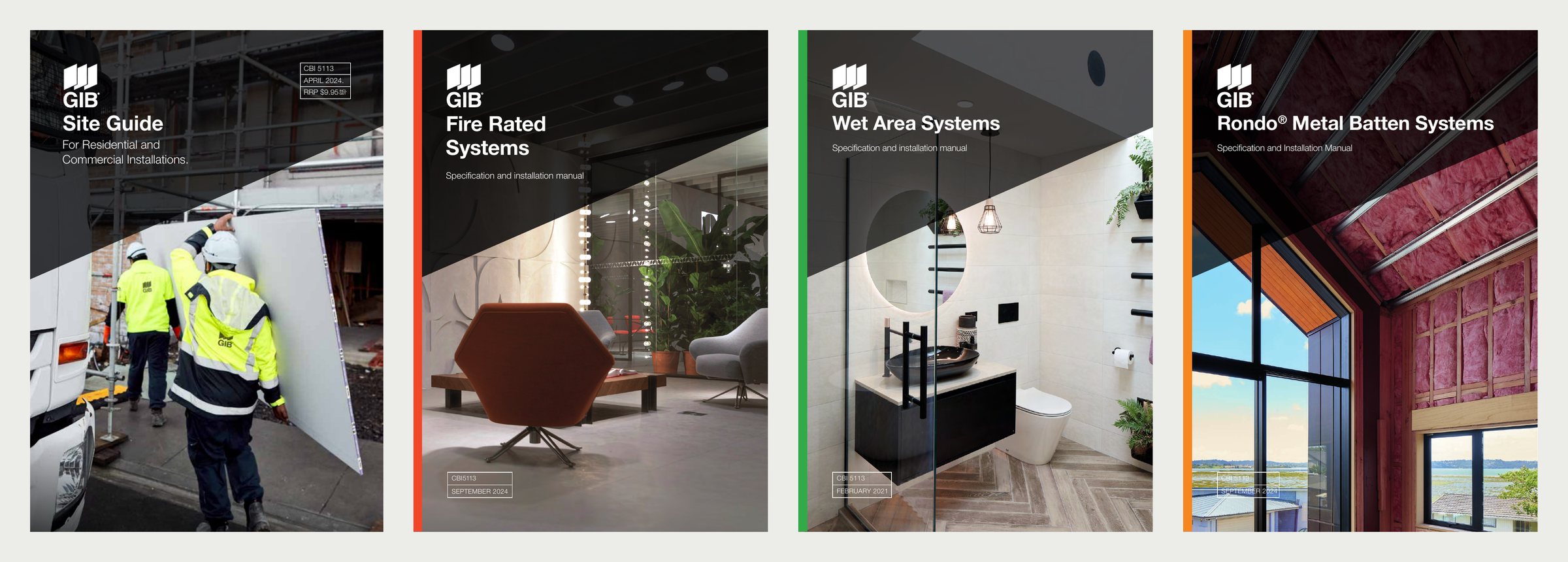 GIB Site Guide, Fire Rated Systems, Wet Area Systems and GIB Rondo Metal Batten Systems manuals