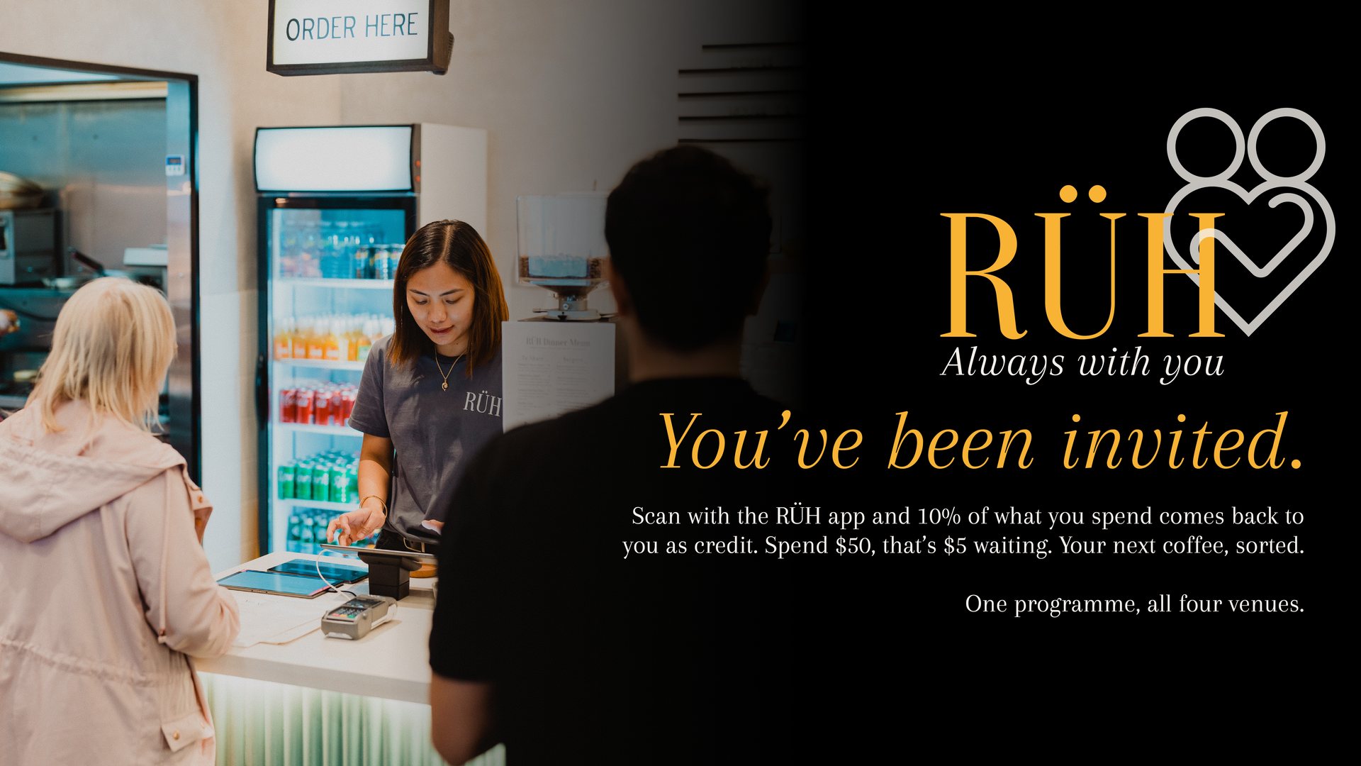 RÜH Rewards in-store TV screen