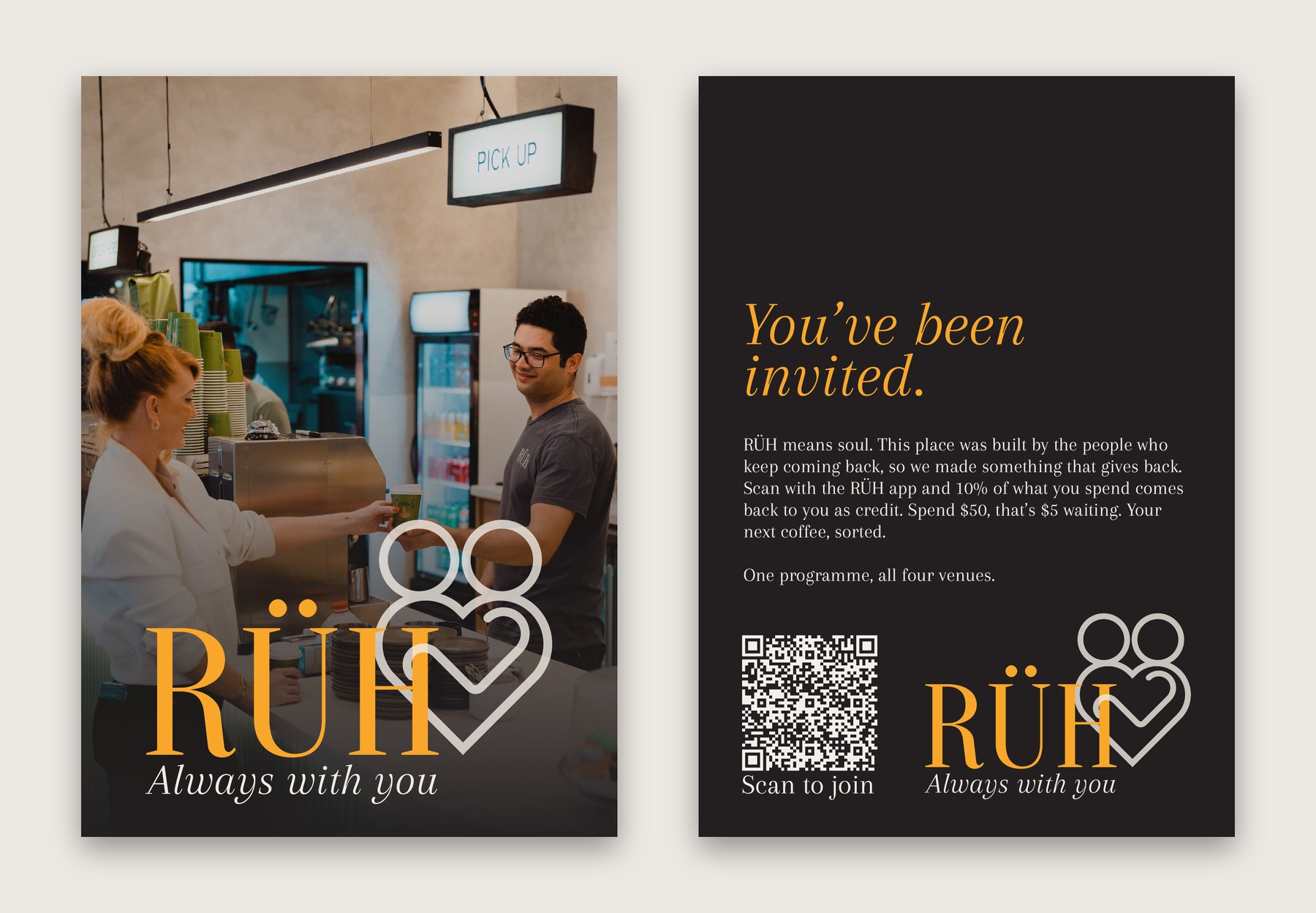 RÜH Rewards table card, front and back