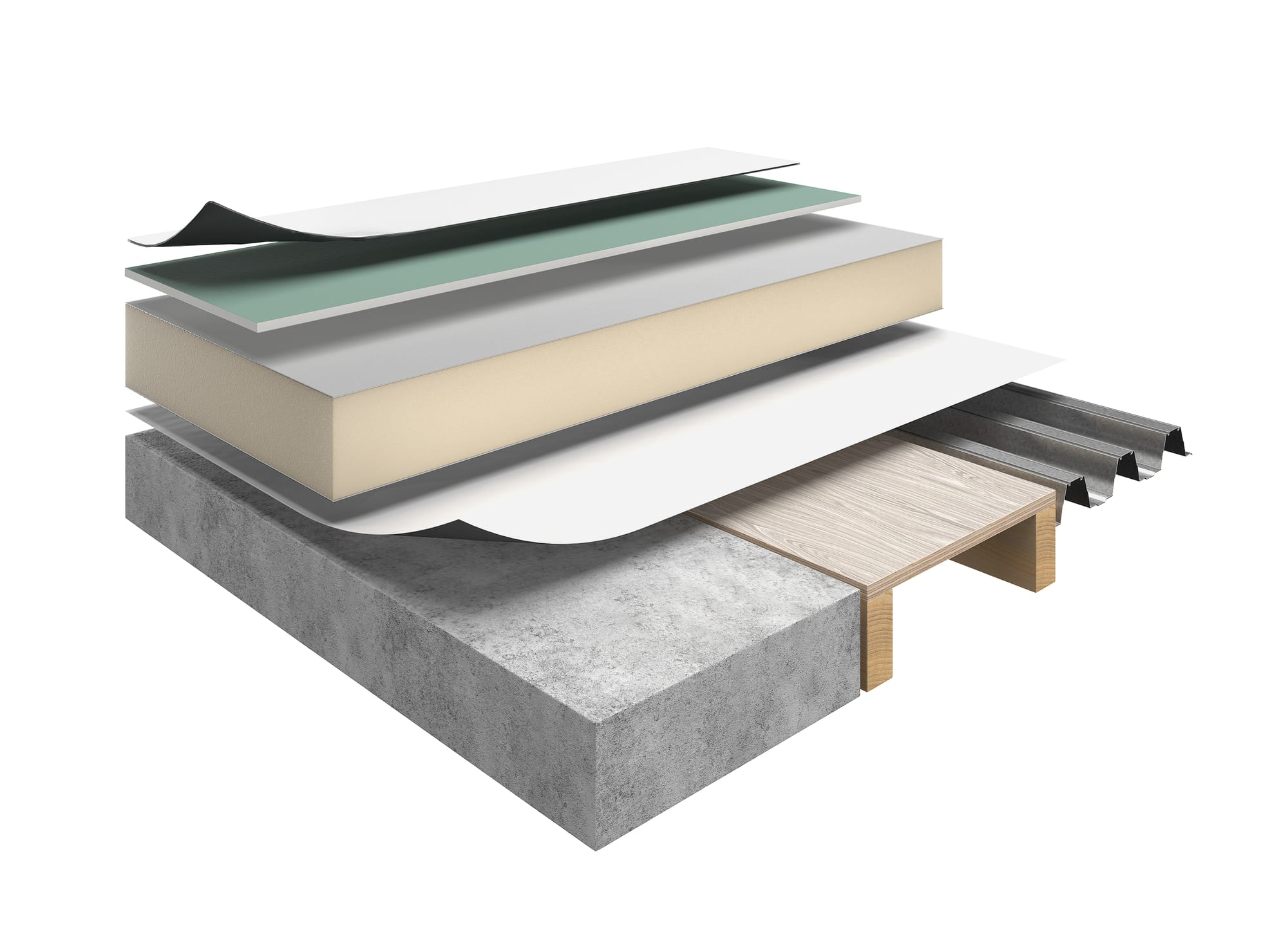Exploded render of the Allco TPO warm roof system