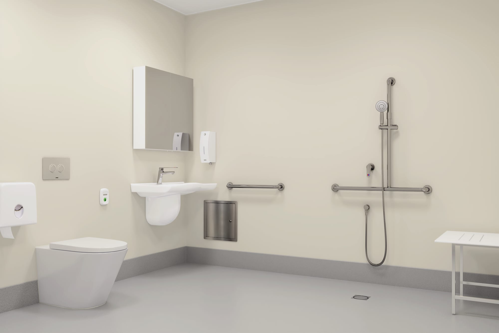 Render of a hospital patient ensuite with Enware fittings