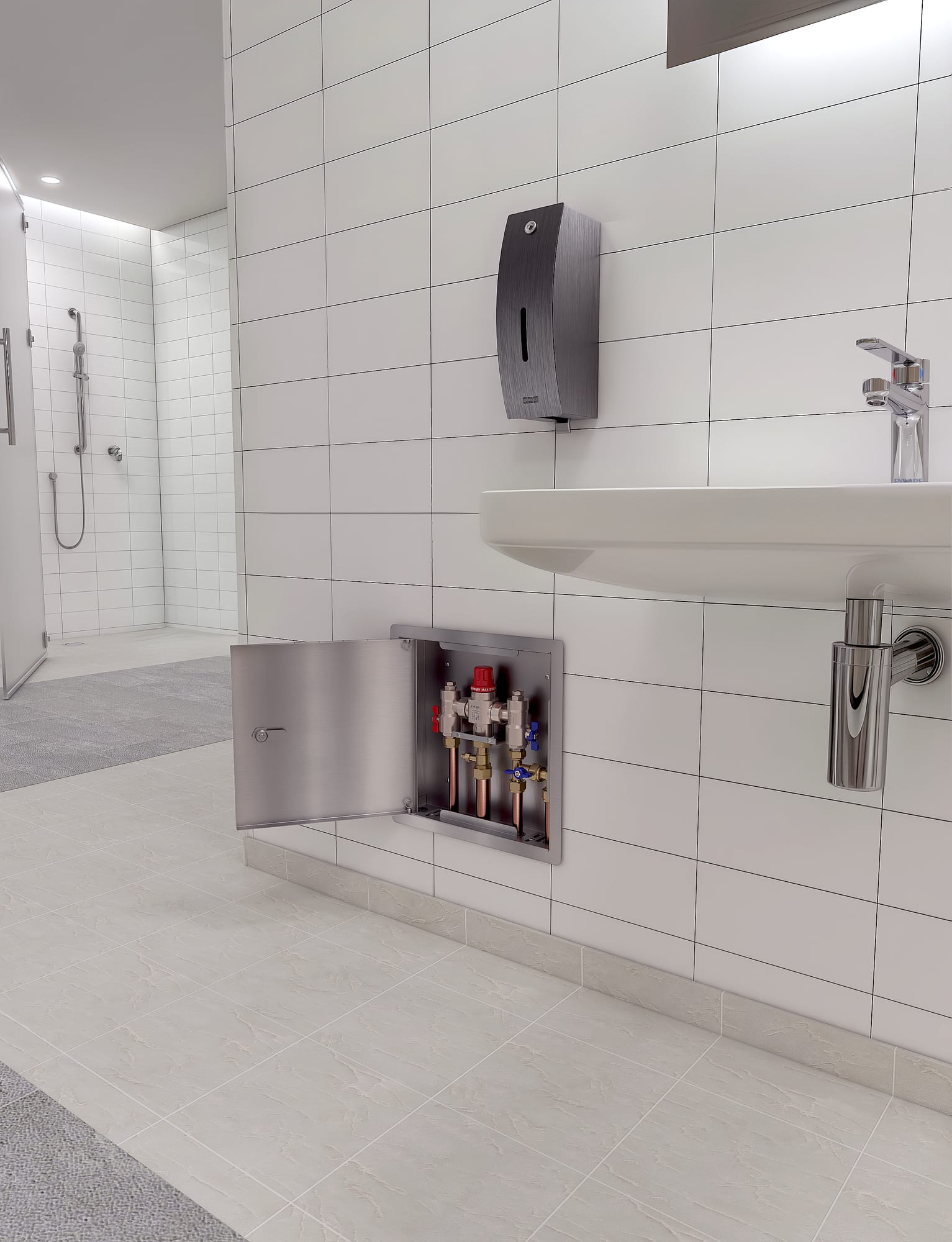 Portrait render of the Enware mixing valve behind its access panel