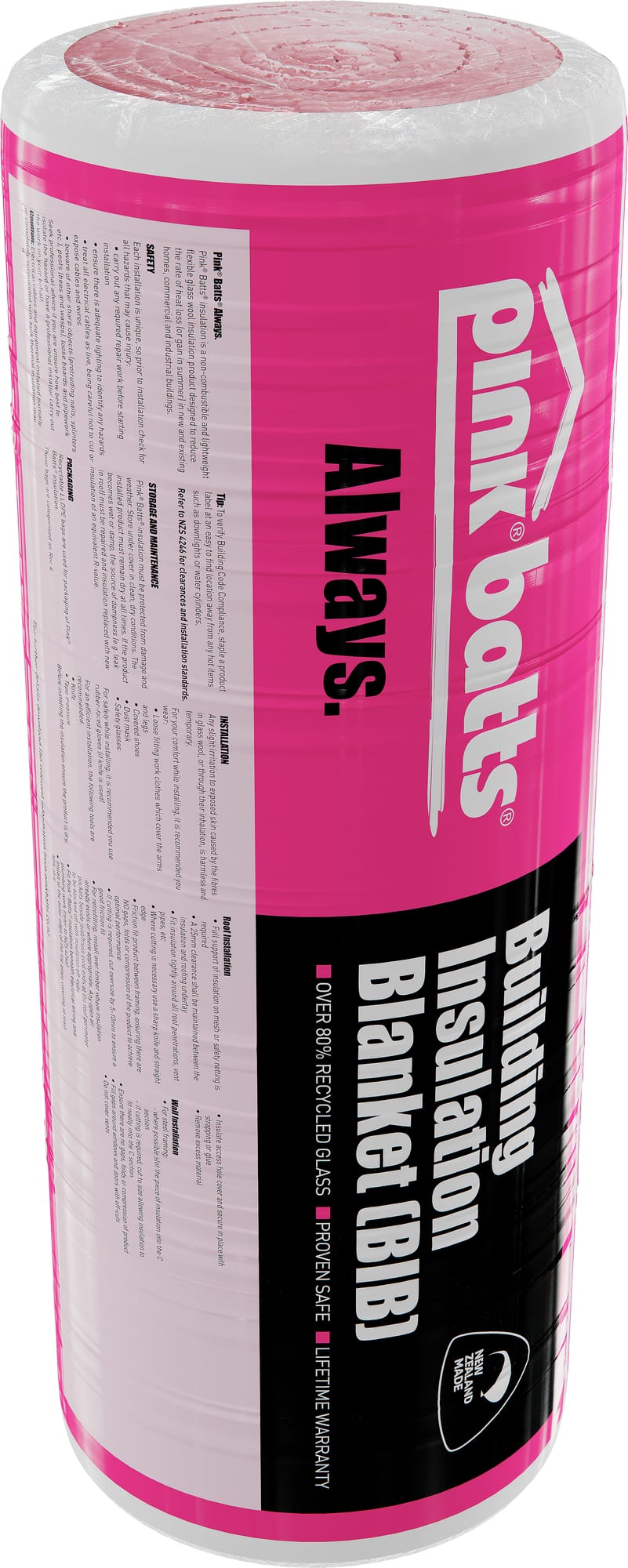 3D pack shot of a Pink Batts Building Insulation Blanket roll